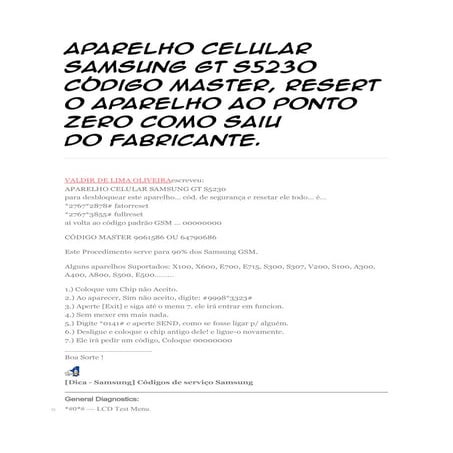 Samsung gt s5230 código master resert