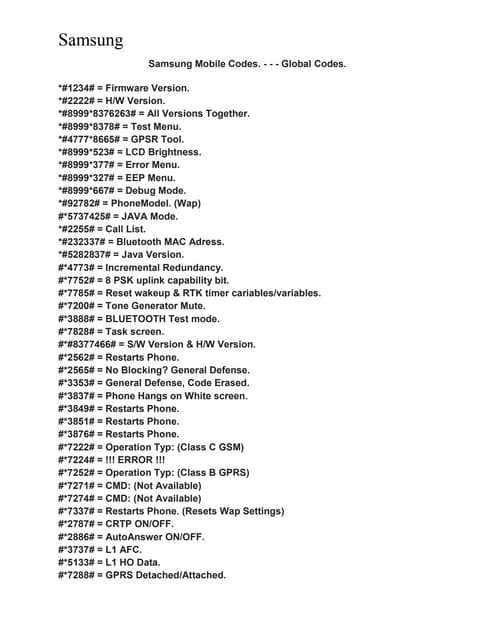 Samsung Mobile Phone Codes