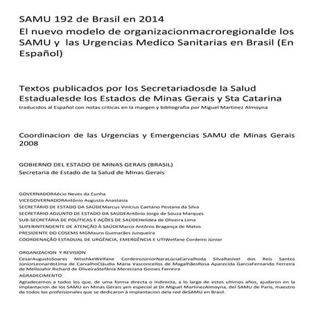 Legislacion Brasileira Implementacion de las Redes de Samu y de Urgencias