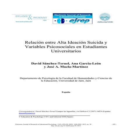 Relación entre alta ideación suicida y variables psicosociales en estudiantes universitarios españoles 