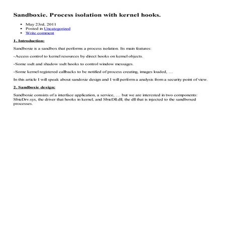 Sandboxie process isolation with kernel hooks
