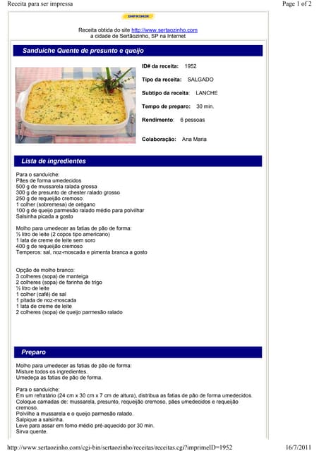 Sanduiche forno de presunto e queijo