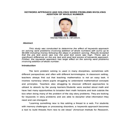 KEYWORD APPROACH AND SOLVING WORD PROBLEMS INVOLVING ADDITION OF WHOLE NUMBER 