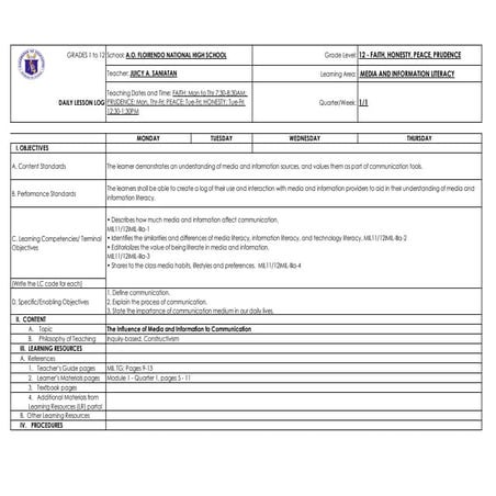 Media and Information Literacy Daily Lesson Log | PDF