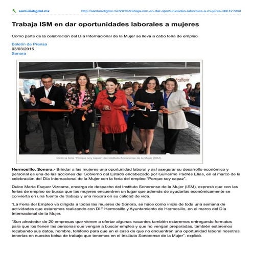 03-03-2015 trabaja ISM en Dar Oportunidades Laborales a Mujeres.