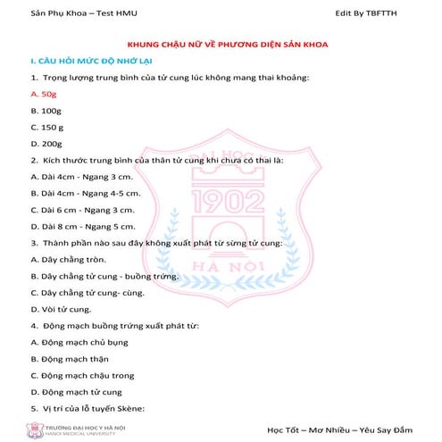 Trắc Nghiệm Sản Phụ Khoa - Đại Học Y Hà Nội HMU 3000 Câu 
