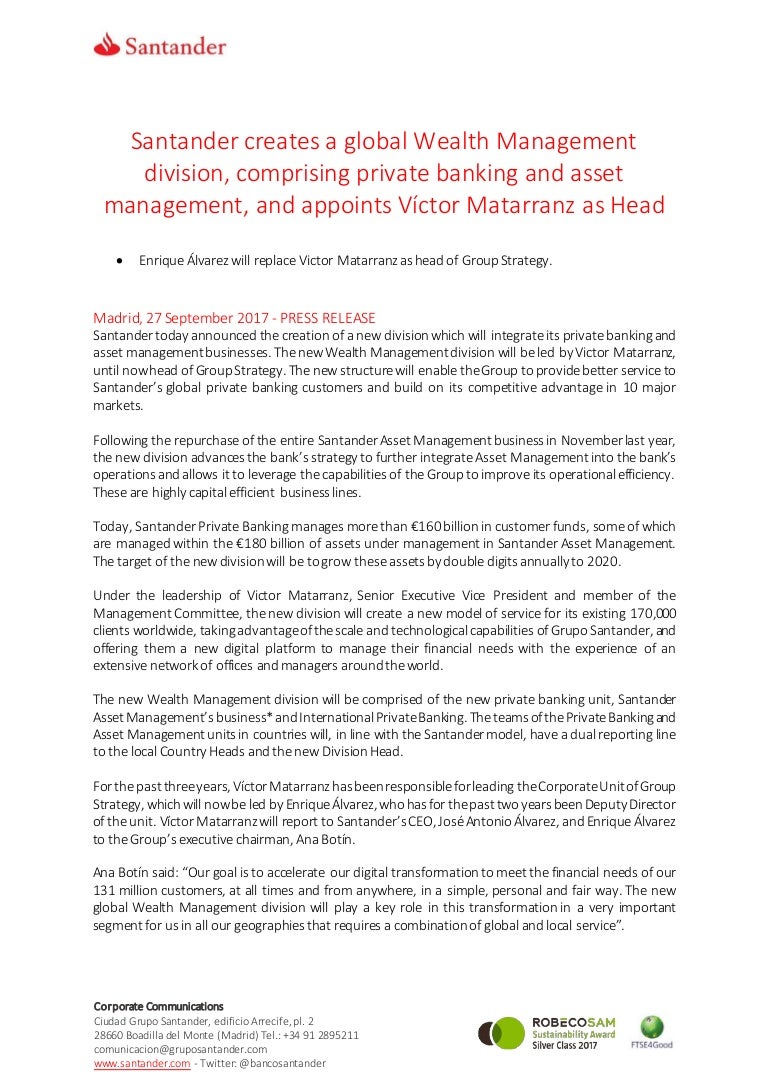 Santander Creates A Global Wealth Management Division Comprising Pri