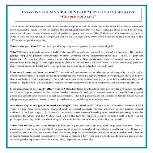 ESSAY ON SUSTAINABLE DEVELOPMENT GOALS (SDG) LIKE “GENDER EQUALITY”