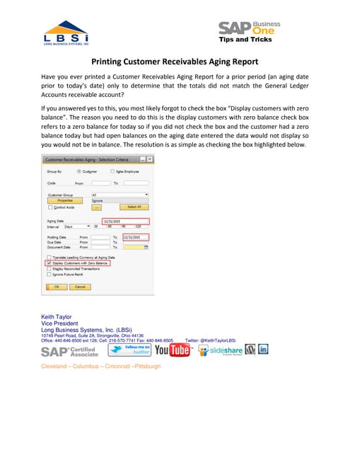 SAP Business One Tips and Tricks How to Print the Customer Receivables Aging ...