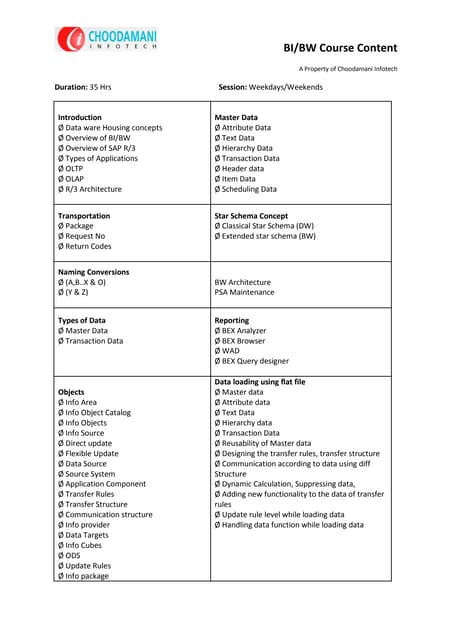 SAP BI/BW Course Content