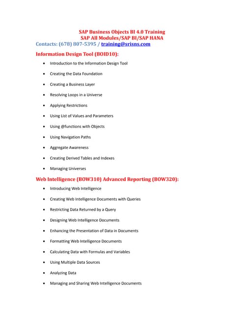 Sap bobj bi 4.0 curriculum