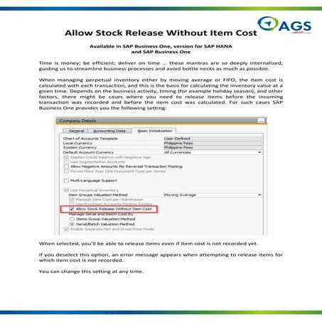 SAP Business One Quickhit: Allow Stock Release Without Item Cost