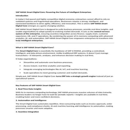 SAP HANA Smart Digital Core Enterprises | DOCX