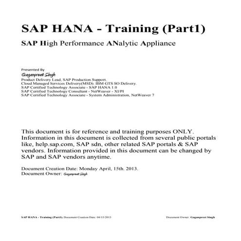 SAP HANA Training - For Technical/BASIS administrators. 