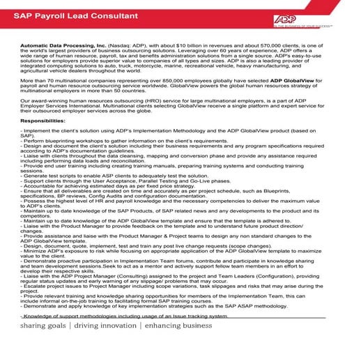 Sap Lead Consultant Job Description