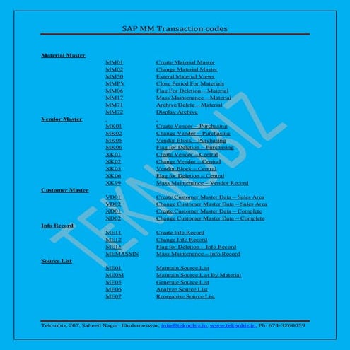 Sap mm t_codes