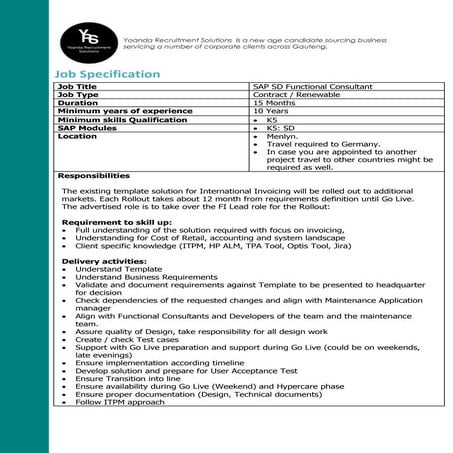 JOB POST: SAP SD FUNCTIONAL CONSULTANT - PRETORIA