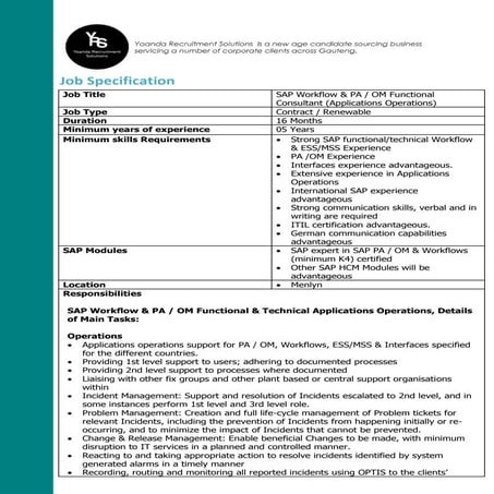JOB POST: SAP WORKFLOW & PA/ OM FUNCTIONAL CONSULTANT - PRETORIA
