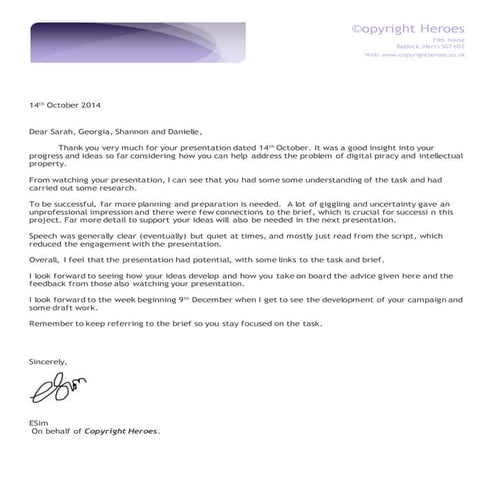 Sarah, georgia, danielle and shannon feedbck letter