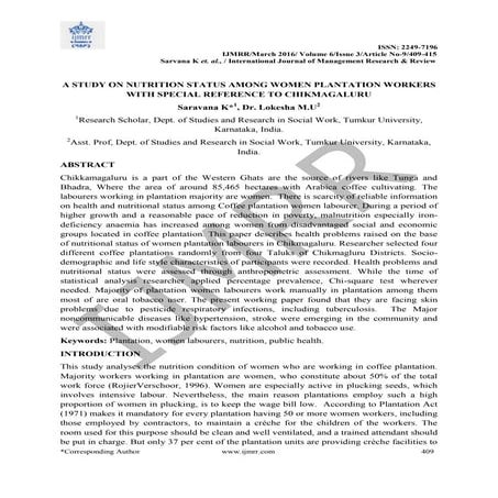 A study on Nutrition status among Plantation women workers: with special refe...