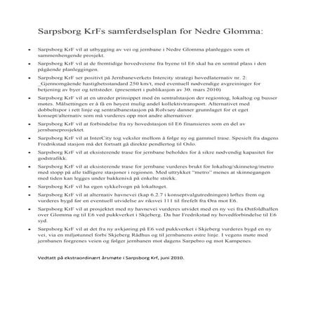 Sarpsborg KrF samferdselsplan for nedre glomma