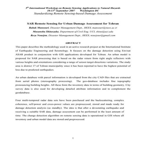 SAR Remote Sensing for Urban Damage Assessment for Tehran