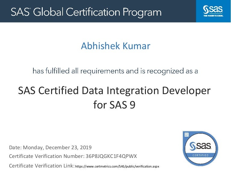 Sas certified data integration developer for sas 9 certificate