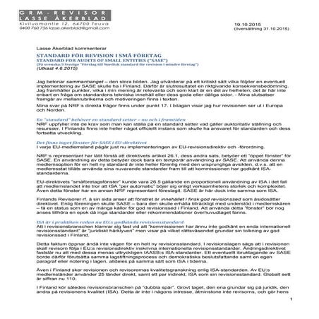 Förslag till Nordisk standard för revision i mindre företag (SASE) - Mina kritiska kommentarer - "The big picture"
