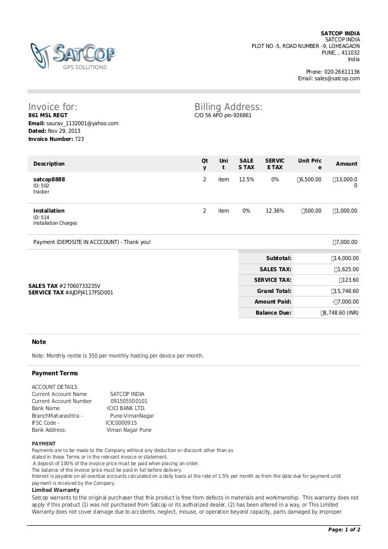 satcop india invoice 723 invoice in hindi