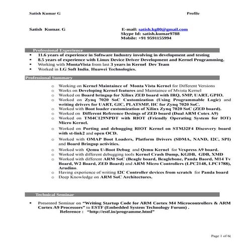 Linux Kernel , BSP, Boot Loader, ARM Engineer - Satish profile