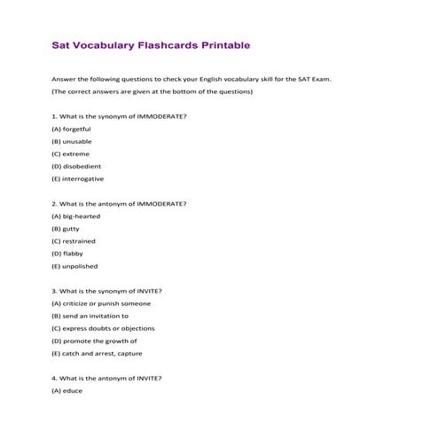 Sat Vocabulary Flashcards Printable | PDF
