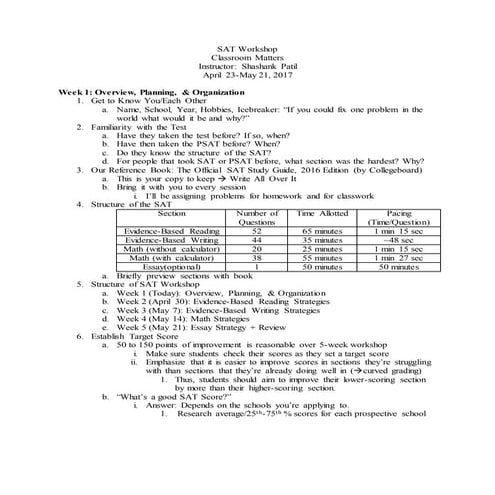 SAT Workshop Curriculum