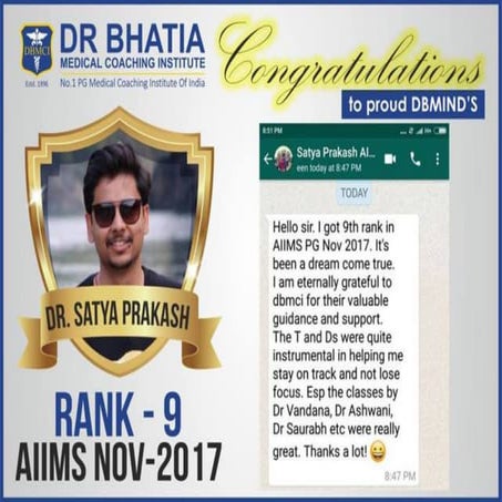 DBMind Dr. Satya prakash for securing Rank 9 in AIIMSNov17 !!! | PDF