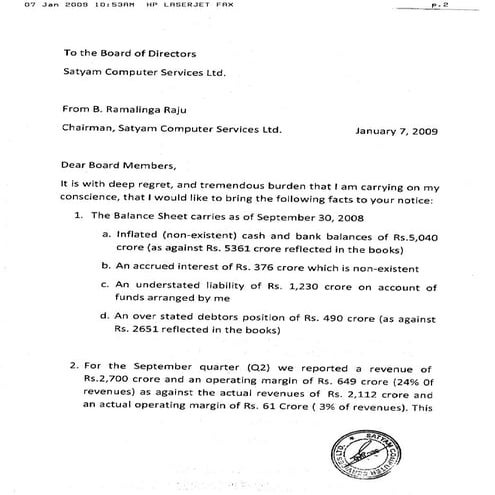 Satyam chairman's confession letter | PDF