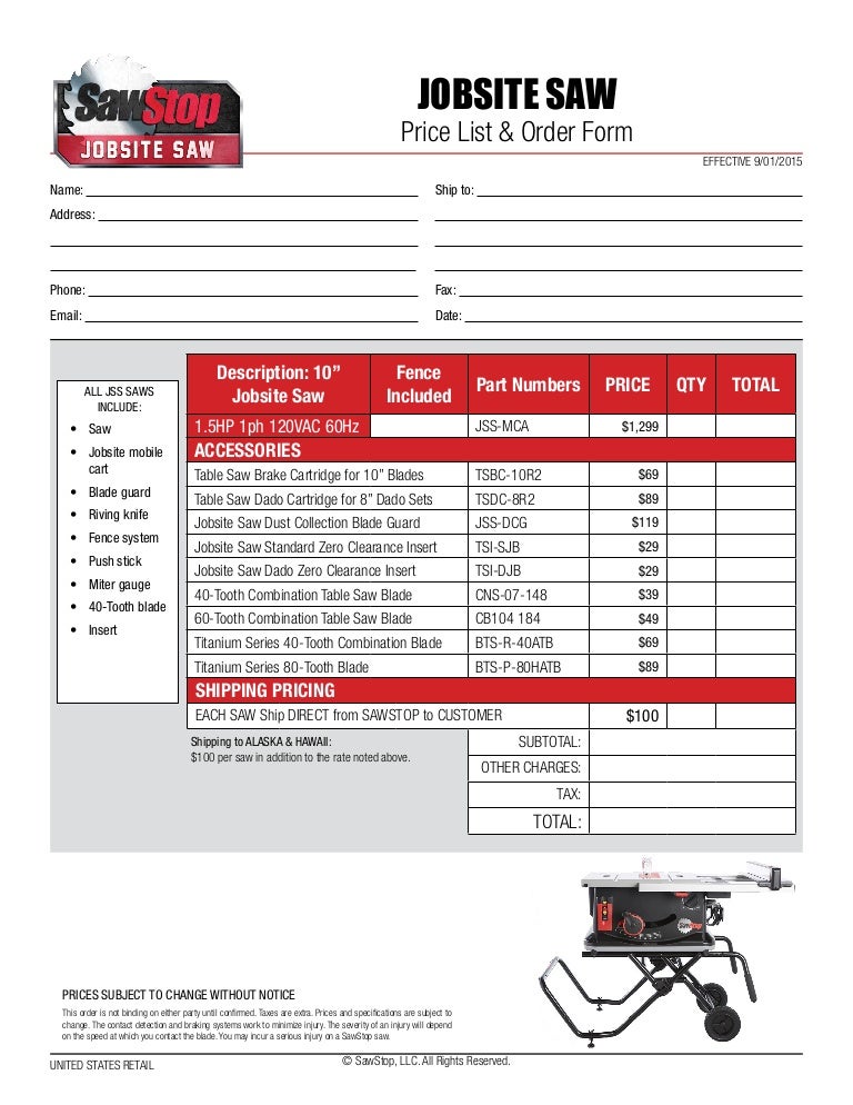 SawStop Job Site Saw Pricelist