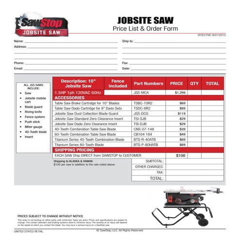 SawStop Job Site Saw Pricelist