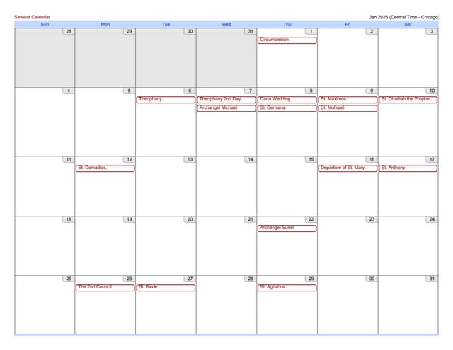Sawwaf Calendar, 2026