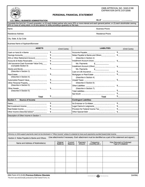 personal financial statement sba 413 form
