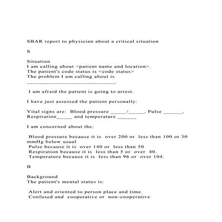 SBAR report to physician about a critical situation S .docx