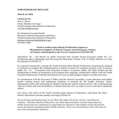 SBE statement on school closures