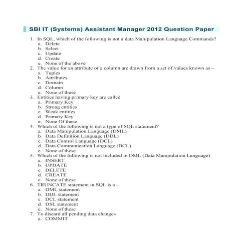 SBI IT (Systems) Assistant Manager Question Paper