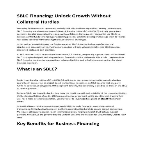 SBLC Financing Mastery: Secure Projects Without Collateral | PDF