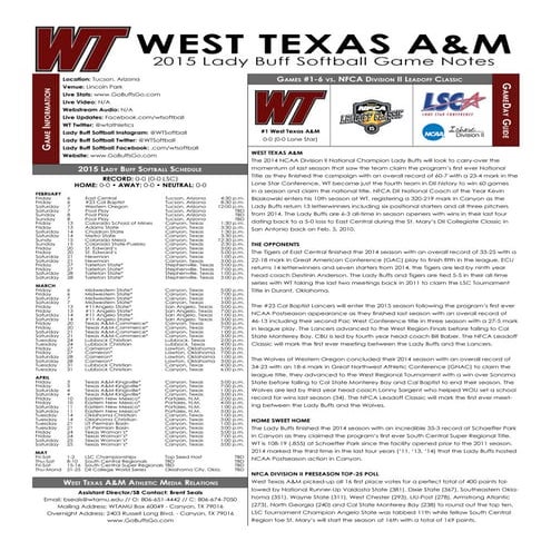 WT Softball Game Notes (2-2-15) | PDF | Baseball | Sports