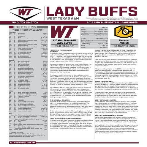 WT Softball Game Notes (5-9-18) | PDF | College Basketball | College Sports
