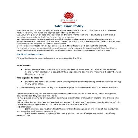 SBS Admission Policy- Step by Step School Noida | PDF