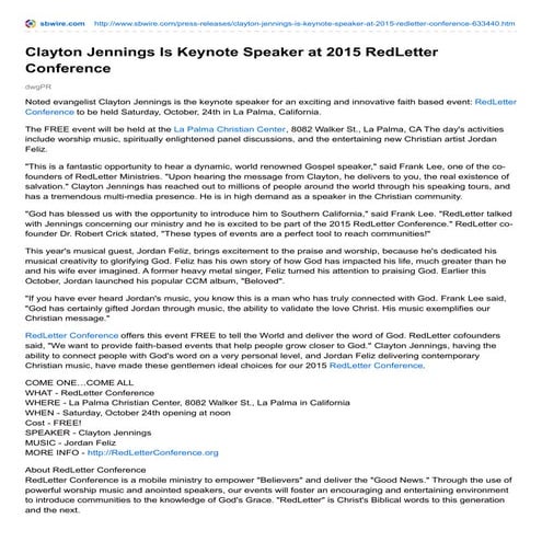 Clayton Jennings Is Keynote Speaker at 2015 RedLetter Conference