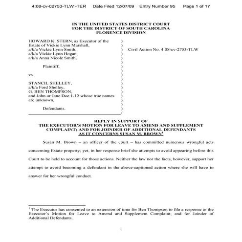 Reply In Support Of Motion To Amend And Add Brown Law Firm