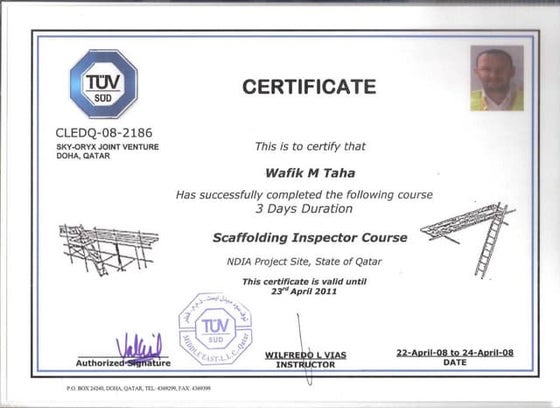 Scaffold Inspector Certificate | PDF