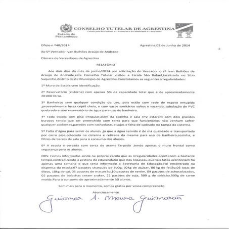 Relatórios do Conselho Tutelar de Agrestina sobre Escolas Públicas