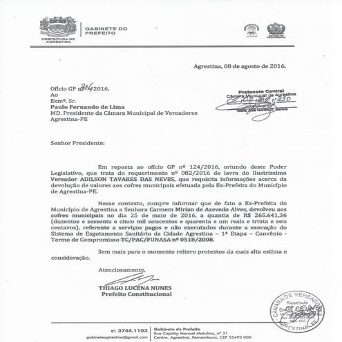 Ofício de Devolução de Dinheiro